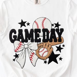 Comfort Colors® Game Day Baseball Shirt, Coquette Baseball Bow Shirt,  Faux Yarn Patch Bow Tee, Retro Baseball Mom Tee