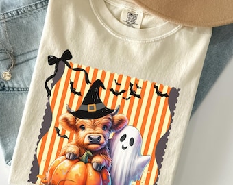 Cute Fall Highland Cow Ghost, Cute Highland Cow, Autumn Cow Shirt, Cute Halloween Shirt, Spooky Season Shirt, Comfort Colors® Tee, Ghost Tee