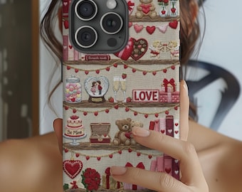 Embroidered bookish Valentine's Day Bookshelf, Book Lover, iPhone Tough Case iPhone 17 Air, 17 Pro, iPhone 16 Samsung, Google, Bookworm Gift