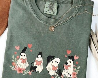 Comfort Colors® Ghost And Cat T-Shirt, Ghost & Book Valentine's Day, Cat Valentine's Day Shirt, Ghost Reading Book Shirt, Cat Lover Gift