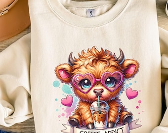 Cute Highland Cow Shirt, Coffee Addict Tee,  Highland Cow Sweatshirt, Baby Highland Cow Shirt, Western Shirt, Coffee Lover Gift, Wife Gift