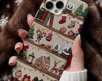 Embroidered Bookish Christmas Bookshelf, Winter Holiday, Book Lover, iPhone Tough Case iPhone 17 Air, 17 Pro Max, 16 Pro Max Plus, Samsung