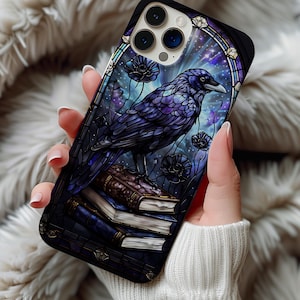 Faux Stained Glass Crow Raven iPhone Case: Gothic Book Lover Gift