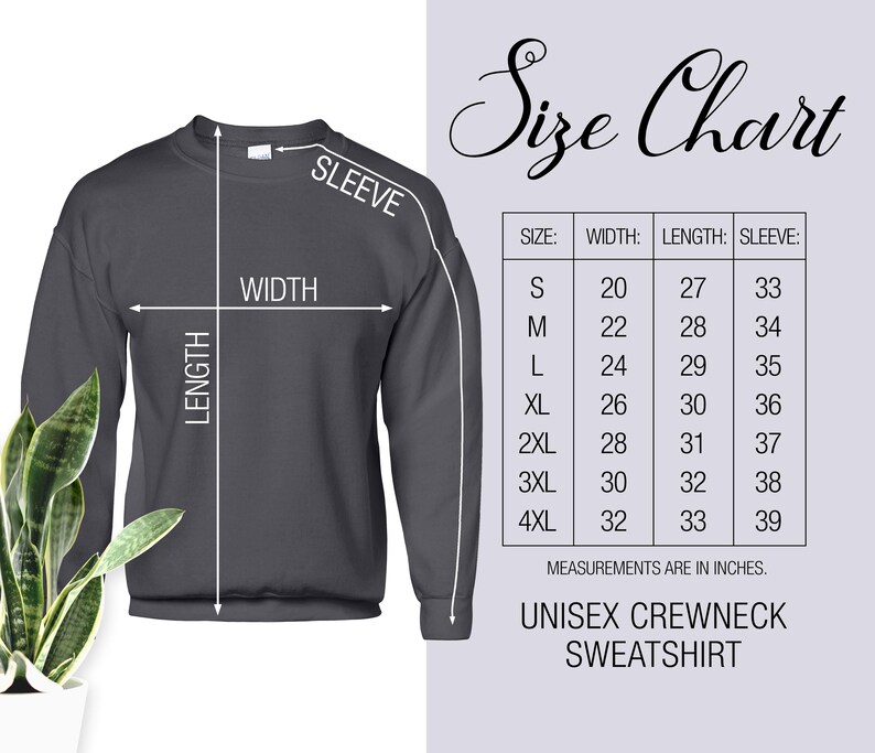 May include: Size chart for a unisex crewneck sweatshirt. The chart shows measurements in inches for width, length, and sleeve length for sizes S through 4XL.