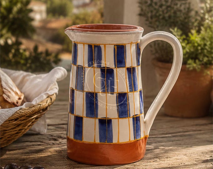 Blue Jug with Yellow Details in Red Clay – 1.5 L Handmade Portuguese Ceramic, Hand-Painted Tableware Pottery, Decorative Pitcher