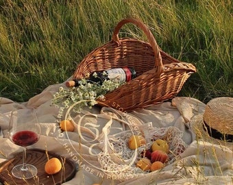Oval wicker basket picnic, flowers, wedding, decoration. Vintage willow basket. Vegetables, fruit flat traditional basket. Made in Portugal.