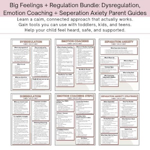 Può includere: Un pacchetto di guide per genitori su disregolazione, coaching emotivo e ansia da separazione. Le guide offrono un approccio calmo per bambini piccoli, bambini e adolescenti. Il testo include "Big Feelings + Regulation Bundle" e "Parent Cheat Sheet".
