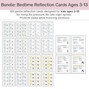 May include: A bundle of 128 reflection cards for children aged 3-13. The cards are designed to promote sleep and emotional well-being. The cards have a white background with text and illustrations.