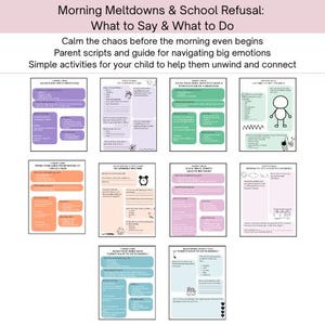 Könnte beinhalten: Eine Sammlung von druckbaren Leitfäden mit dem Titel "Morning Meltdowns & School Refusal: What to Say & What to Do." Die Leitfäden bieten Skripte, Aktivitäten und Ratschläge für Eltern, um Kindern zu helfen, mit Emotionen umzugehen und Schulverweigerung zu bewältigen.