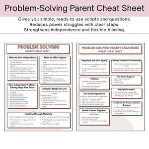 Puede incluir: Infografía rosa y blanca titulada "Problem-Solving Parent Cheat Sheet" con texto que describe cómo reducir las luchas de poder y fortalecer la independencia. Incluye secciones sobre estrategias de resolución de problemas.