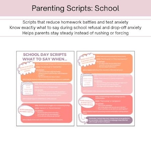 Könnte beinhalten: Grafik mit dem Titel "Parenting Scripts: School" und Texten, die Strategien zur Reduzierung von Hausaufgabenstreitigkeiten und Prüfungsangst erläutern. Die Grafik bietet Skripte für verschiedene Schulsituationen.