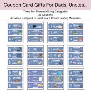 Puede incluir: Una hoja de tarjetas de cupón azules con varias ideas de actividades para regalar. Las tarjetas están organizadas en filas y columnas, con texto como "Noche de juegos de video" y "Construir un fuerte afuera".