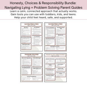 Puede incluir: Un paquete de cuatro hojas de trucos para padres sobre un fondo rosa. El texto superior dice "Honesty, Choices & Responsibility Bundle". Las guías cubren temas como la navegación de la mentira y la resolución de problemas para niños pequeños, niños y adolescentes.
