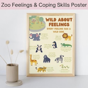 Póster sobre emociones animales / Imprimible de habilidades para afrontar situaciones difíciles / Arte de pared infantil con temática de zoológico para el aprendizaje socioemocional / Descarga para el rincón de la calma y la regulación emocional / Decoración para la sala de juegos