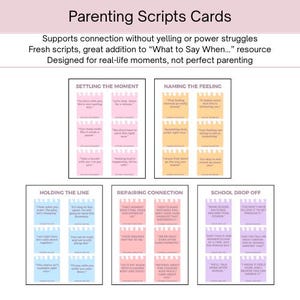 Könnte beinhalten: Eine Sammlung von Eltern-Skriptkarten mit Titeln wie „Den Moment beruhigen“ und „Das Gefühl benennen“. Die Karten sind in verschiedenen Pastellfarben gehalten und enthalten Text zur Unterstützung der Kommunikation. Der Text oben lautet „Parenting Scripts Cards“.