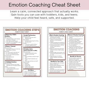 May include: A pink and white "Emotion Coaching Cheat Sheet" with text about helping children. The sheet includes sections on emotion coaching steps, what it is, and what it isn't. It also lists benefits for children and parents.