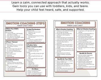 Calm Parenting Emotion Coaching Cheat Sheet | Motivational Parenting | Parenting Guide | New Parent Worksheet | Gentle Parenting Resource