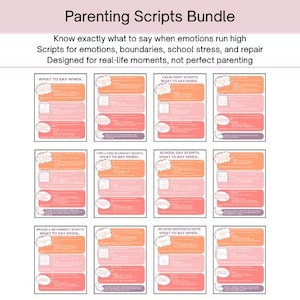 Puede incluir: Un paquete de guiones para padres con títulos como "Qué decir cuándo" y "Guiones de calma primero". Los guiones están diseñados para momentos de la vida real y cubren temas como emociones, límites y estrés escolar. El diseño utiliza rosa, naranja y blanco.