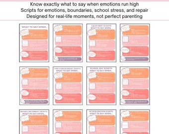 Pacchetto di copioni per genitori / Copioni di genitorialità positiva per grandi emozioni, limiti, stress scolastico e riparazione / Kit di risorse per la famiglia stampabile