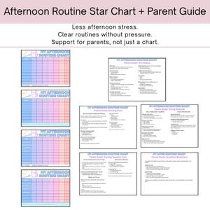 May include: An image featuring a star chart and parent guide for an afternoon routine. The chart is divided into blue, pink, and purple sections. Text includes "Afternoon Routine Star Chart + Parent Guide" and "Less afternoon stress."