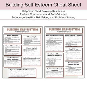 May include: A white graphic with the title "Building Self-Esteem Cheat Sheet" and subheadings. The image includes two detailed charts with information on developing resilience, reducing comparison, and encouraging healthy risk-taking. The text is in black.