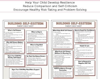 May include: A white graphic with the title "Building Self-Esteem Cheat Sheet" and subheadings. The image includes two detailed charts with information on developing resilience, reducing comparison, and encouraging healthy risk-taking. The text is in black.