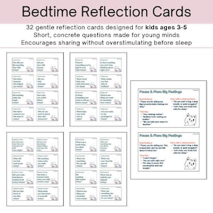 May include: A set of bedtime reflection cards for children aged 3-5. The cards feature gentle questions designed to encourage sharing before sleep. The text on the cards includes "Bedtime Reflection Cards" and "Pause & Plan Big Feelings".