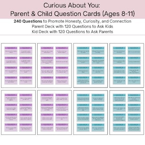 Föräldra-barn-anknytningsaktivitet | 240 frågekort för familjer | Konversationsstartare | Utskrivbar kontakt + reflektion för åldrar 8-11