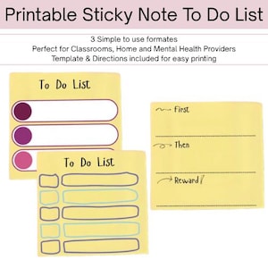 Puede incluir: Notas adhesivas amarillas imprimibles con el texto "To Do List". Las notas tienen diferentes formatos, incluyendo listas de verificación y un diseño "First, Then, Reward". El texto "Printable Sticky Note To Do List" está en la parte superior.