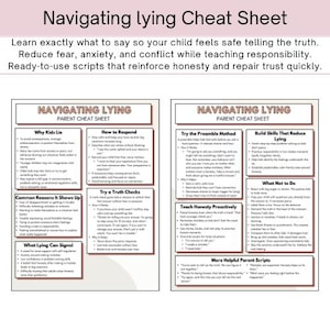 Może przedstawiać: Dwustronna ściąga dla rodziców zatytułowana "Nawigacja po kłamstwie" z tekstem o tym, jak reagować, sprawdzać prawdę i uczyć uczciwości. Arkusz zawiera skrypty wzmacniające uczciwość i naprawiające zaufanie.