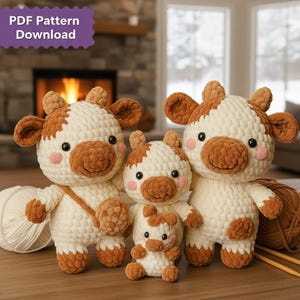 May include: Three crocheted cow plushies in varying sizes. The cows are primarily cream-colored with brown accents on their ears, faces, and hooves. Each cow has a pink blush on its cheeks and black eyes. The image includes the text "PDF Pattern Download".