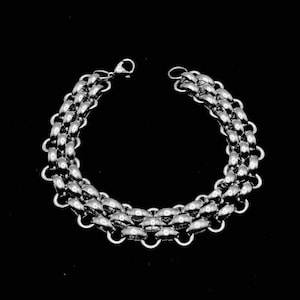 Stainless Steel Panther Link Chain Bracelet Minimalist Modern Chunky Thick Brick Pattern No Tarnish