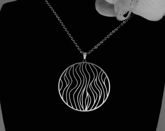 Stainless Steel Circle Wave Pendant Necklace Bold Statement Jewelry Modern Minimalist Geometric Large Cutout Circle Woman Gift No Tarnish