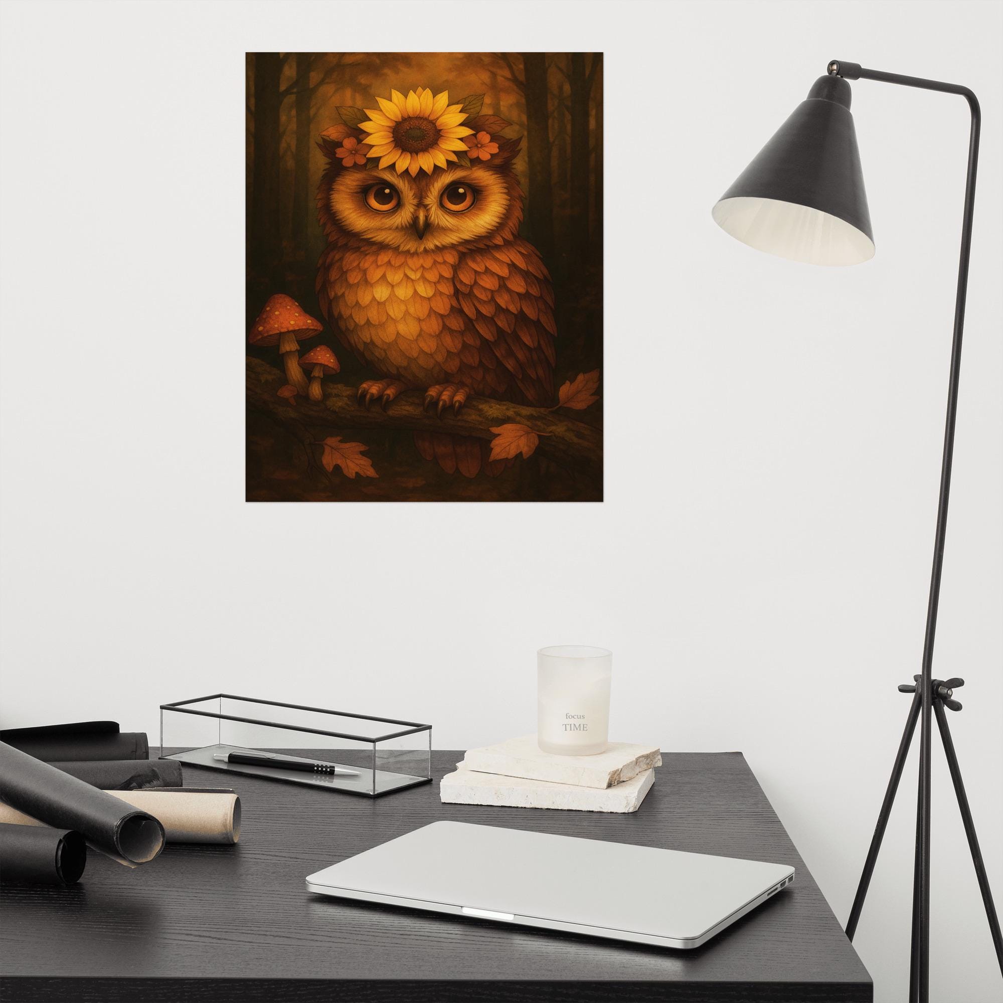 Realistic Autumn Owl Art Print – Sunflower Crown Owl Poster – Woodland Animal Wall Decor