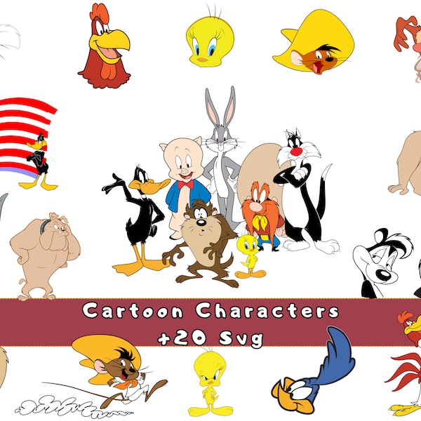 Cartoon Characters Svg ,Bug's Bunny,Taz-Mania,Daffy Duck,Tweety ,Foghorn,Hector,Pepe Lepew,Road Runner,Sylvester,Porky Pig ,Digital File Svg