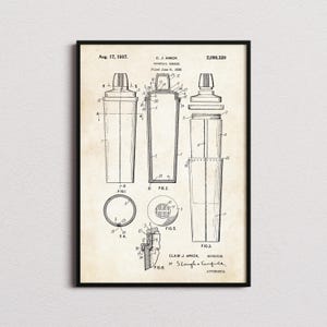 Impresión de patente de coctelera, póster de coctelera, arte mural de coctelera, impresión artística de coctelera, regalos de coctelera