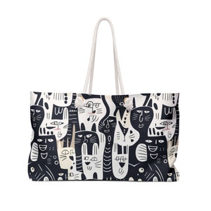 Extra Large Abstract Art Cats Print Polyester Weekender Bag Unique Design Shoulder Bag Weekender Bag Reusable Bag