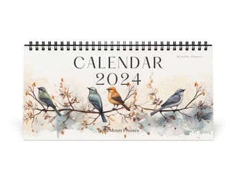 Birds Flowers Desk Calendar 2024 - 12 Month Watercolor Desk Calendar, 2024 Moon Phase Desk Calendar Weekly Planner Unique Desk Accessory