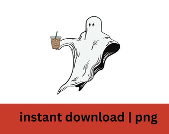 面白いハロウィーン PNG、面白いハロウィーンのゴースト シャツ、コーヒーを持ったゴーストのデジタル ファイル