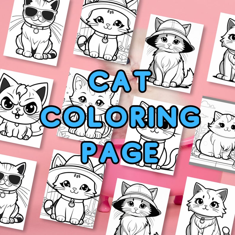 60 Cat Coloring Page. Kawaii Book, Printable Colour Cat, Line Art, Busy