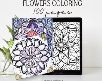 May include: A digital tablet and two printed pages with black and white flower illustrations. The text "FLOWERS COLORING 100 pages" is at the top of the image. The text "Mosbius Coloring" is at the bottom of the image.