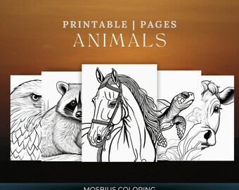 May include: Printable coloring pages featuring five different animals: an eagle, a raccoon, a horse, a turtle, and a cow. The animals are drawn in black and white line art style. The text "Printable | Pages ANIMALS" is at the top of the image.