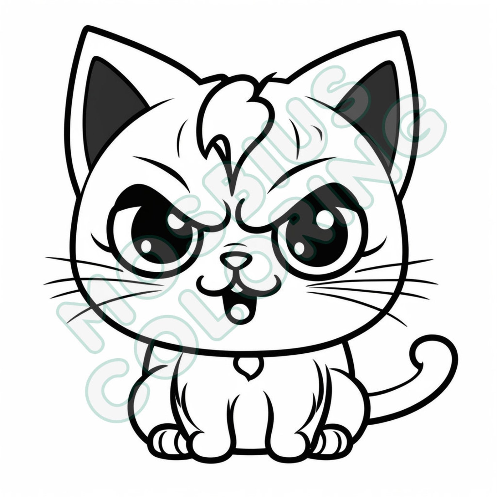 60 Cat Coloring Page. Kawaii Book, Printable Colour Cat, Line Art, Busy