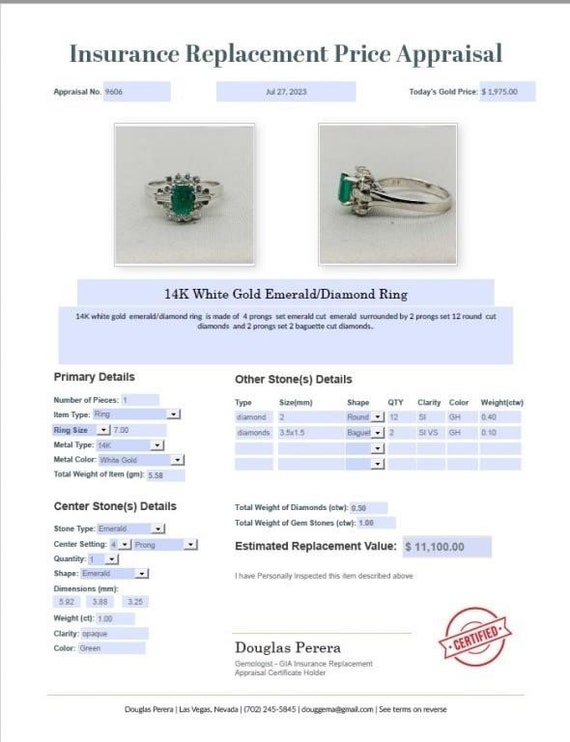 14K White Gold Emerald / Diamond Ring - image 5