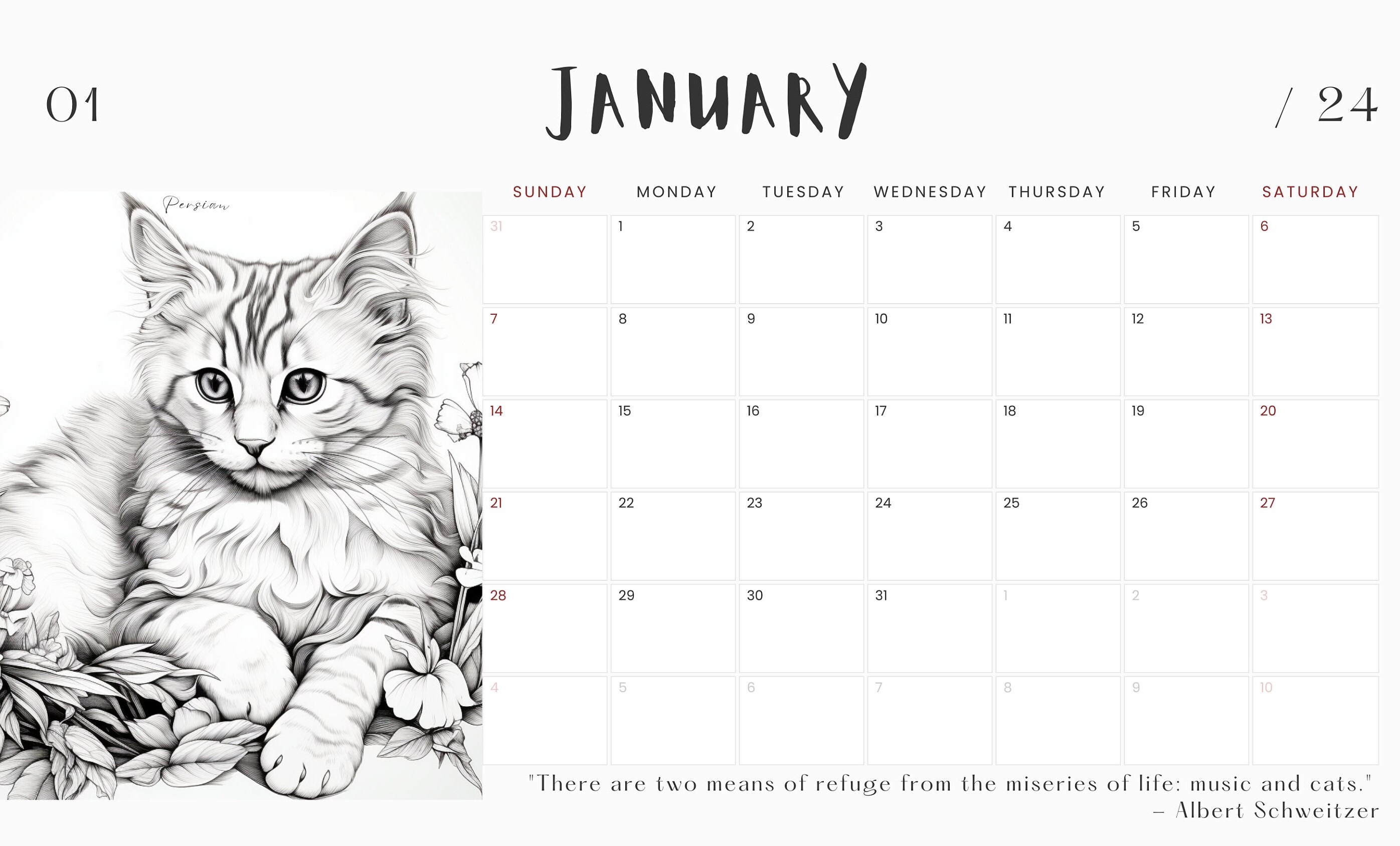 Cat Calendar 2024, Printable Coloring Calendar, Instant Download, Free
