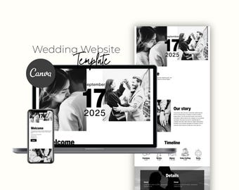 Szablon strony internetowej na ślub, cyfrowe zaproszenie na ślub, edytowalny szablon Canva, klasyczny, elegancki, minimalistyczny projekt strony internetowej, zapisz datę