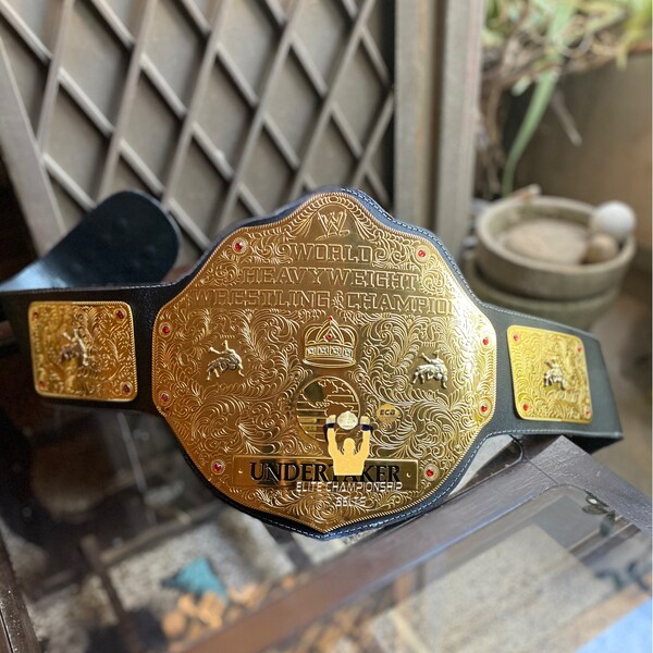 New Men's Big Gold World Heavyweight Handmade Black Hand tooled Leather Heavyweight Championship Replica Belt