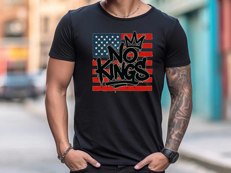 No Kings Graffiti T-Shirt – Anti Monarchy Streetwear, Protest Shirt for No Kings Day, Urban USA Flag Graphic Tee