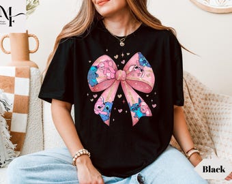 Stitch Valentines Day Sweatshirt, Stitch Coquette Shirt, Disney Stitch And Angel Shirt, Pink Bow Tee