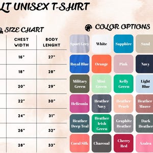 Peut inclure: Image d'un tableau des tailles et des options de couleurs pour t-shirts unisexes pour adultes. Le tableau des tailles indique une largeur de poitrine de 40.6 cm &agrave; 71.1 cm et une longueur de corps de 68.6 cm &agrave; 83.8 cm. Couleurs : Sport Grey, Blanc, Saphir, Sable, Rouge.